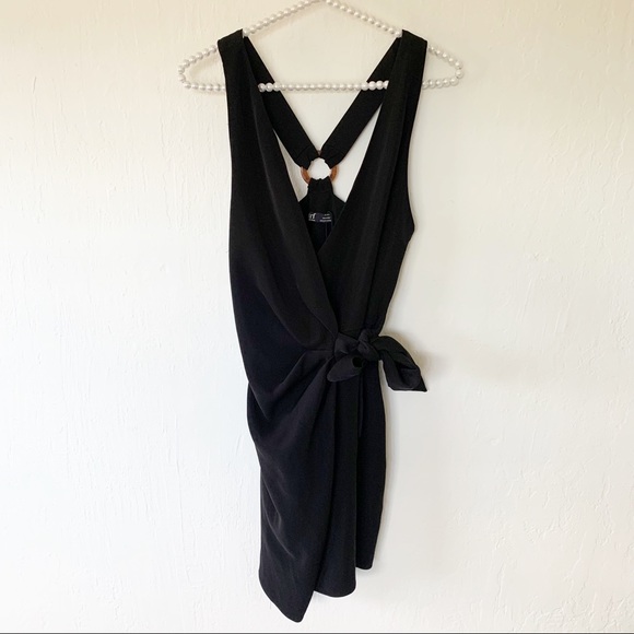 Zara Soft Surplice Wrap Dress Tortoise Shell O-Ring Dress In Black - Picture 5 of 12